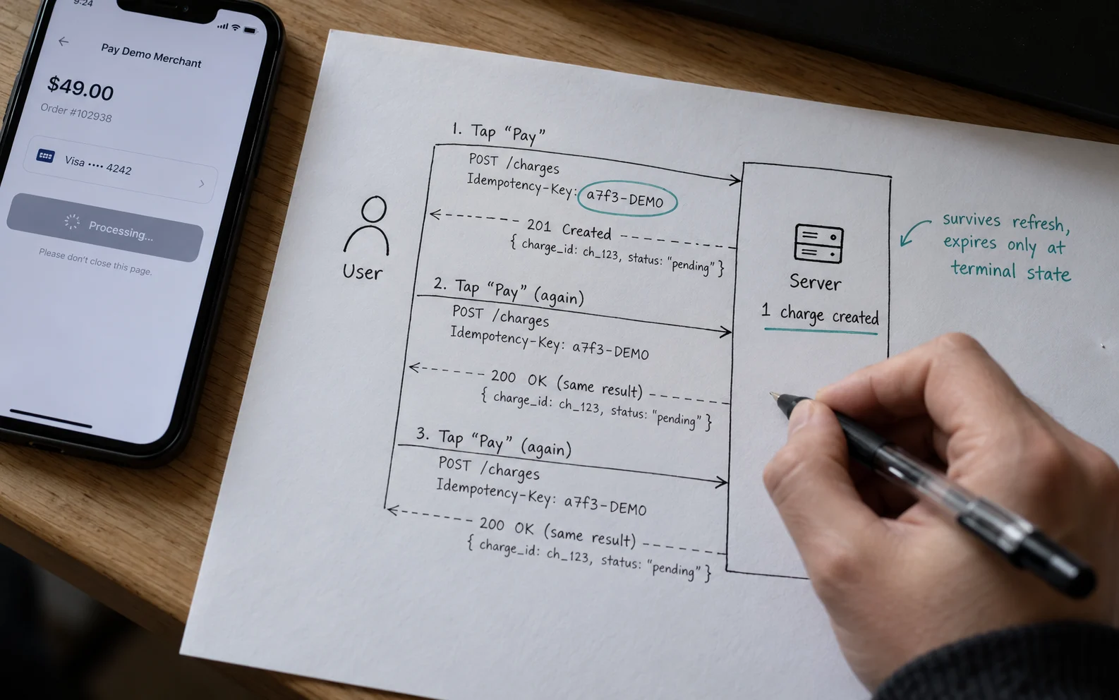 Hand-drawn sequence diagram of an idempotency key preventing duplicate charges when a user taps Pay repeatedly, illustrating payment flow technical integrity