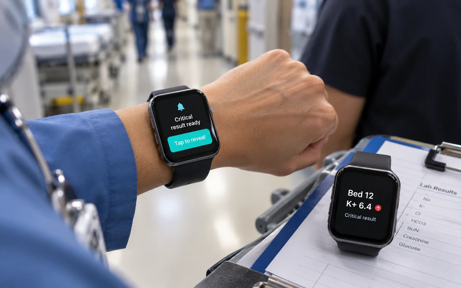 Two-step smartwatch notification showing a generic critical alert first and patient data only after a deliberate tap, preventing shoulder surfing in healthcare