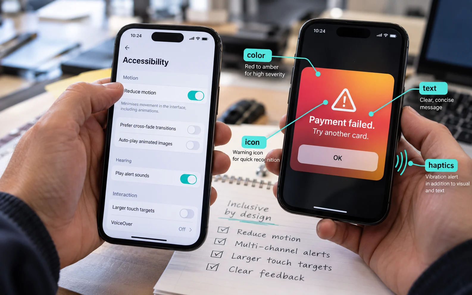 Reduce motion setting enabled next to a critical alert delivered through color, text, icon and haptics, showing inclusive and accessible micro-interaction design