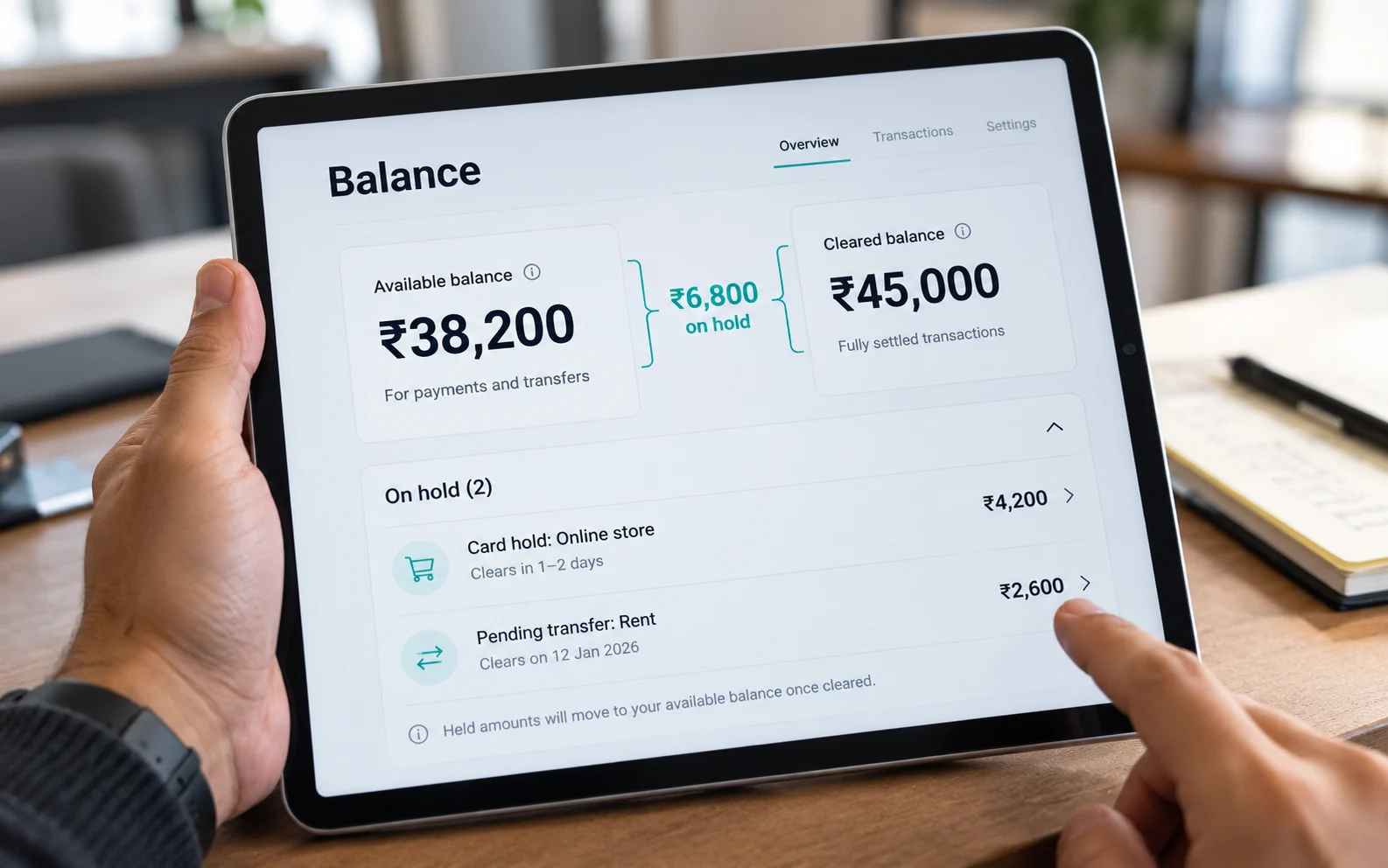 Balance screen separating available and cleared funds with a labeled hold breakdown, showing how transparent balances prevent confusion and overdraft disputes