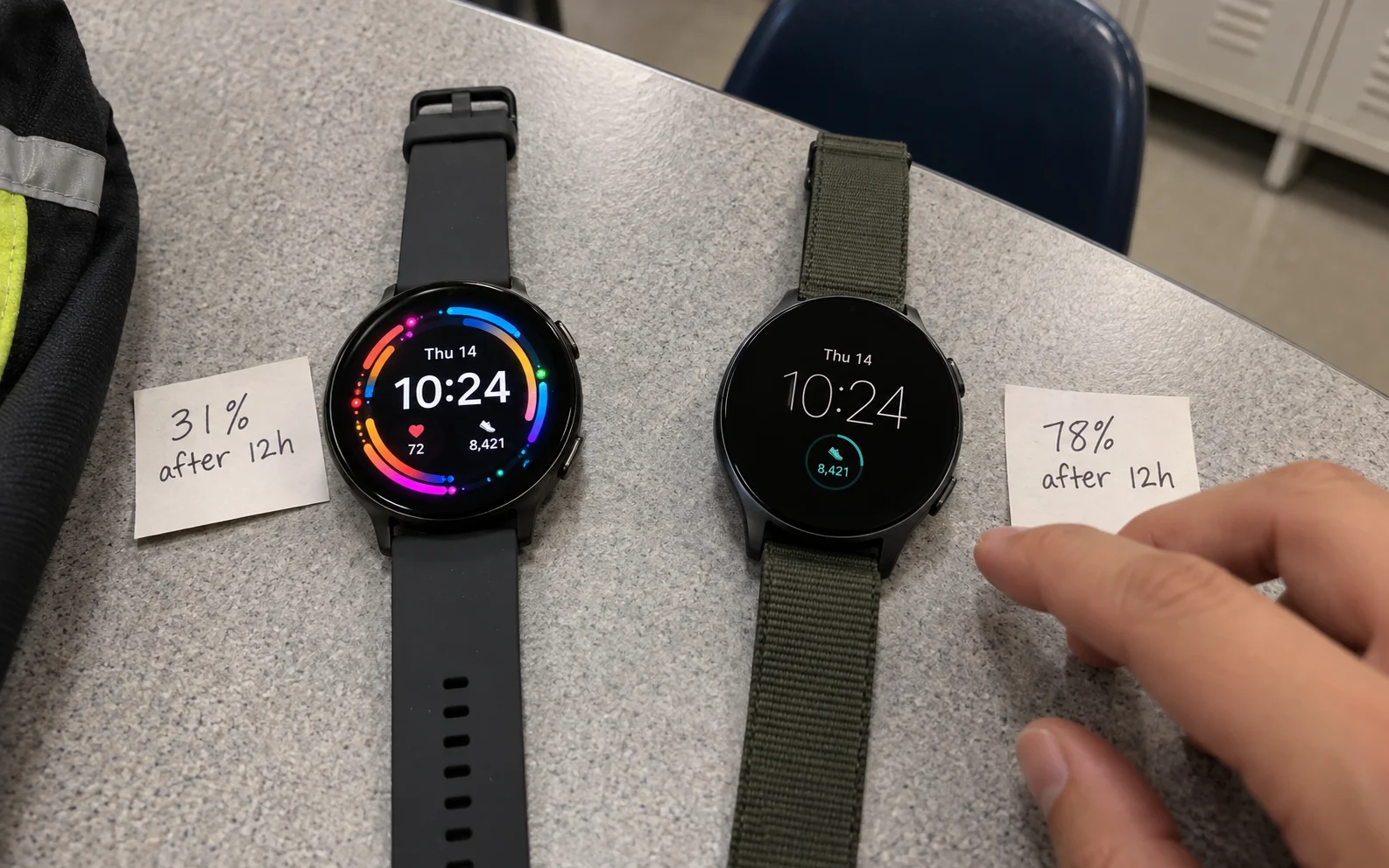 Two idle smartwatch faces compared after a twelve-hour shift, a bright one at 31 percent battery and a true black one at 78, showing AOD power optimization