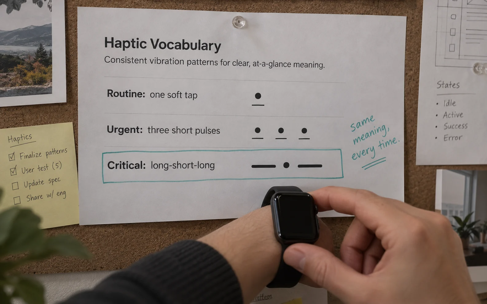 Printed chart of routine, urgent and critical vibration patterns for a wearable, showing how a consistent haptic vocabulary works like a language