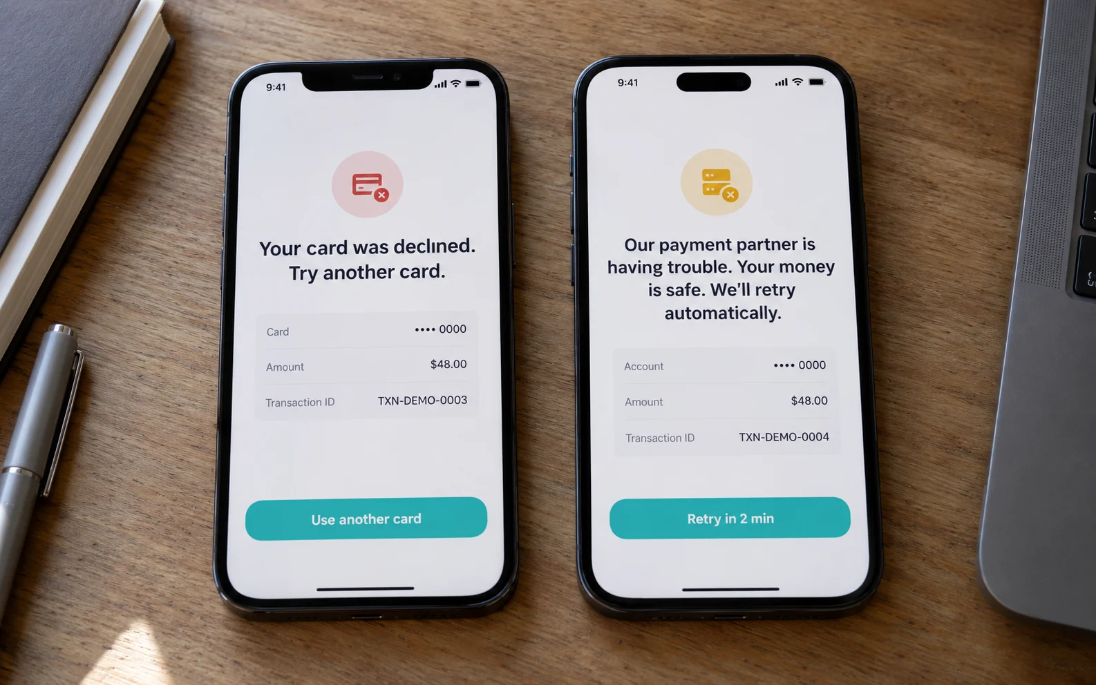 Two failed-payment screens, one for a declined card and one for a payment-rail outage, each offering a single clear next action