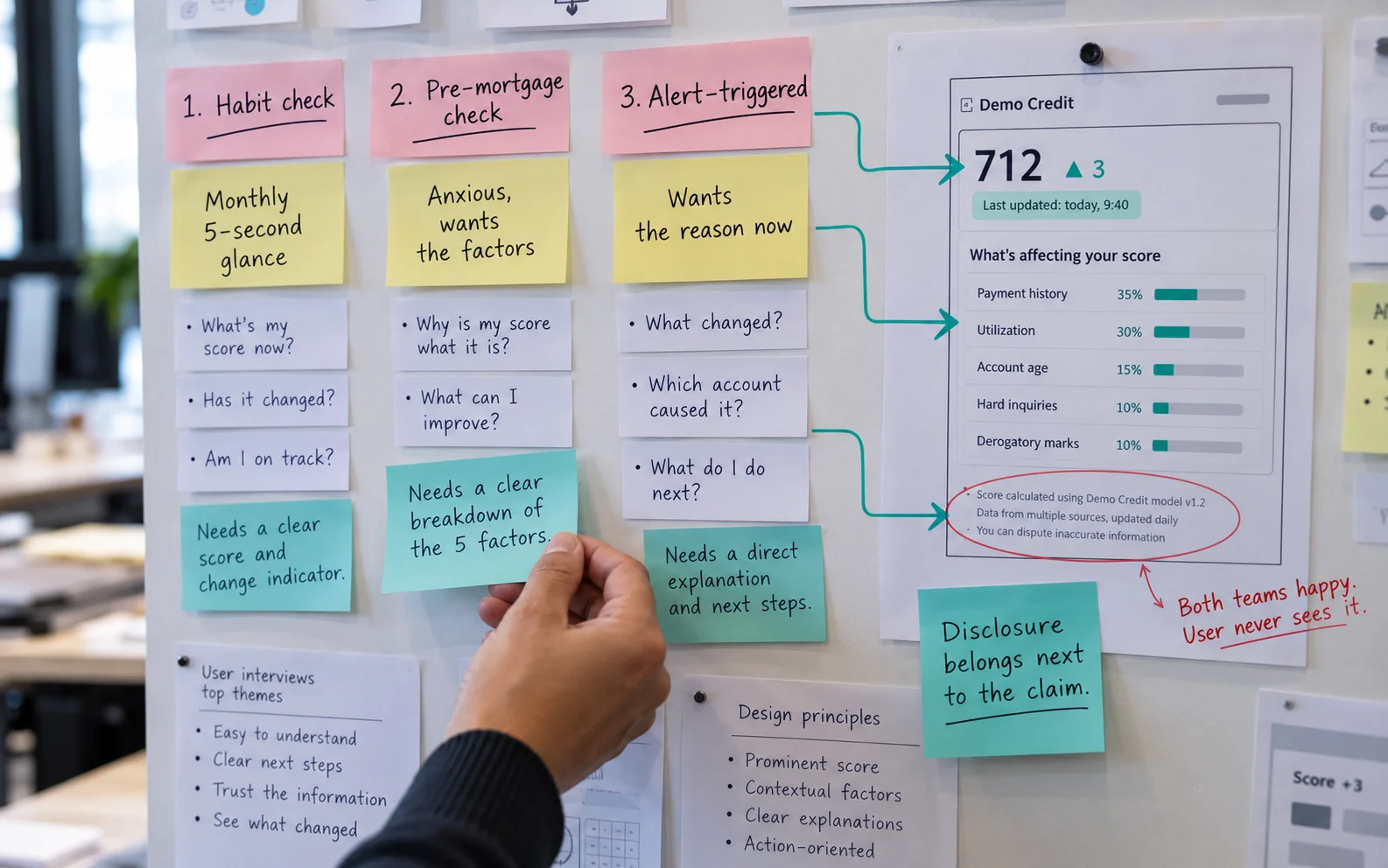 Research wall mapping three credit-checking intents to one dashboard hierarchy, showing how observed user behavior shapes a fintech dashboard layout