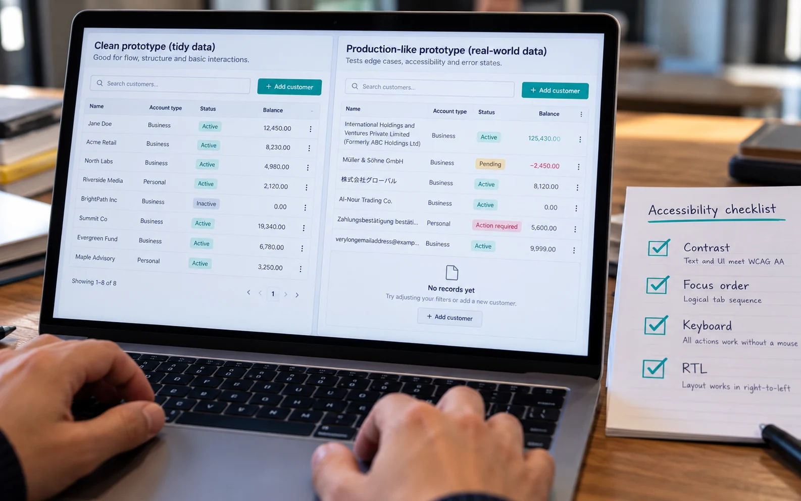Clean placeholder data table beside the same table with long names, German text overflow, negative balances and empty states, showing how realistic data and accessibility checks prevent post-launch surprises