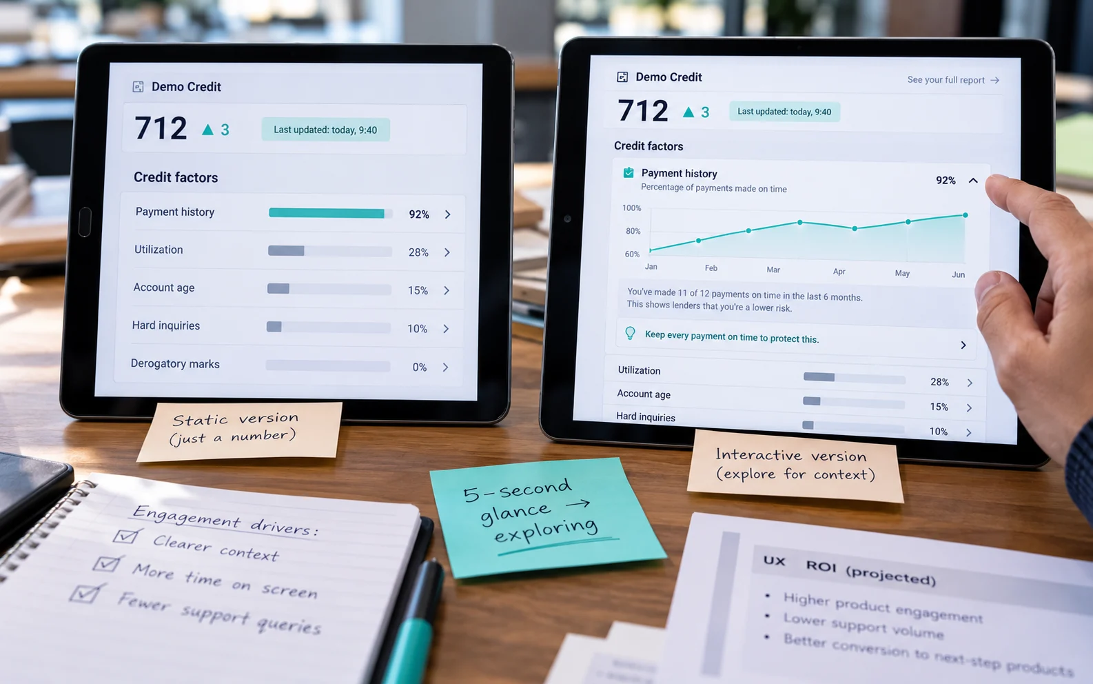 Static credit factor label beside an expanded interactive version with a six-month trend, showing how interactive dashboards turn glances into exploration