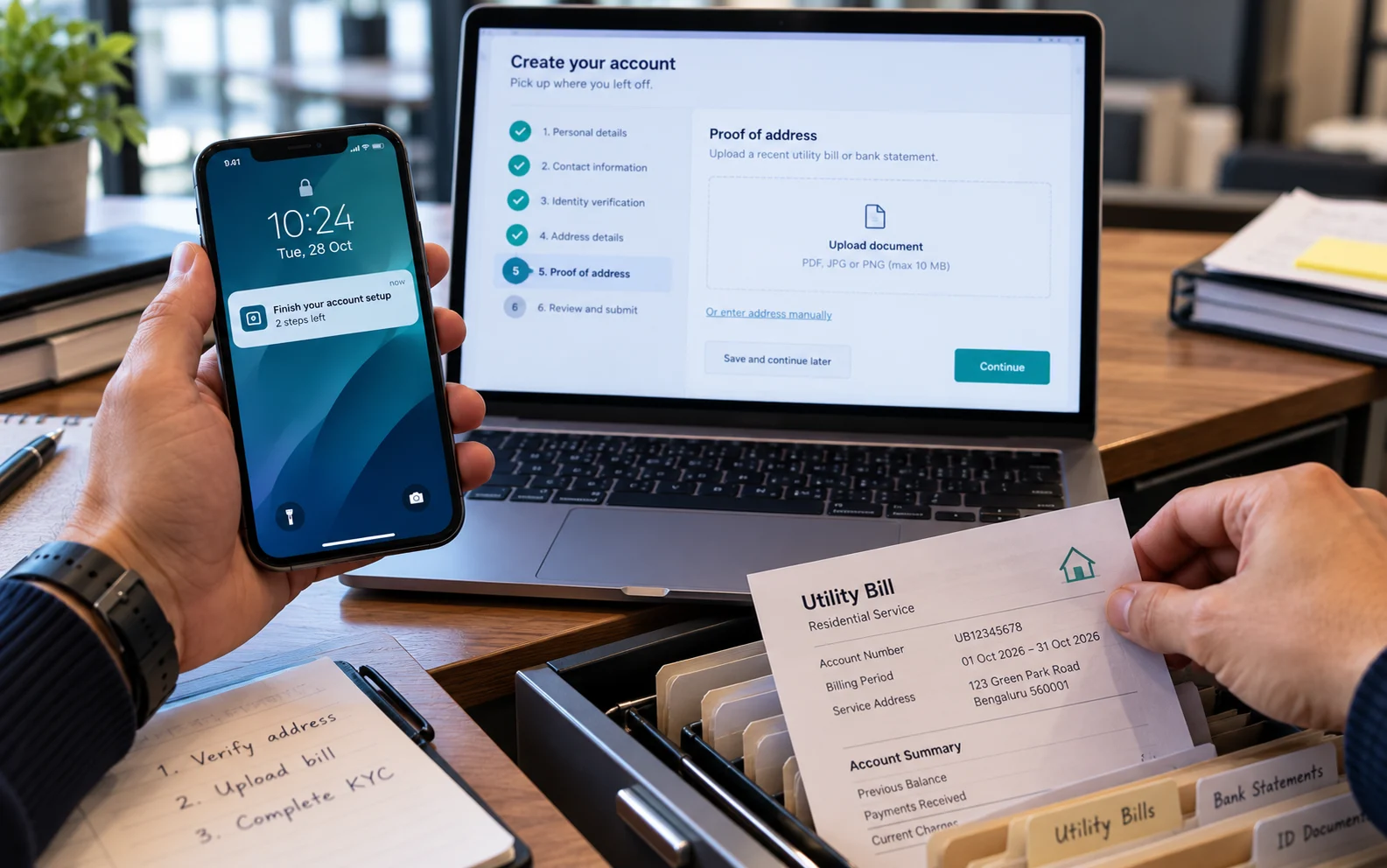Hand fetching a proof-of-address document while a deep-linked push notification and a laptop restore a half-finished signup, showing server-side save-and-resume.