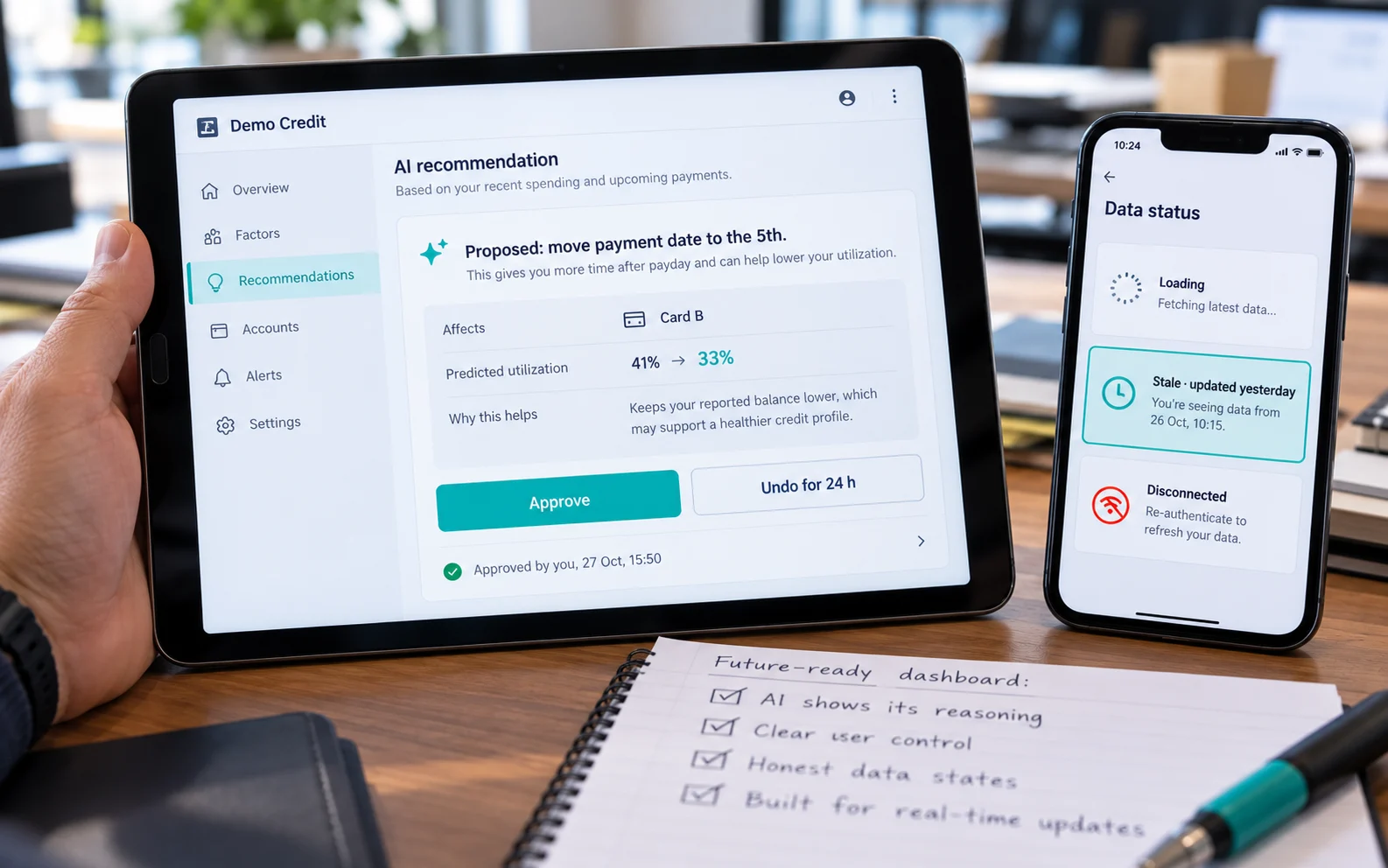 AI recommendation card showing its reasoning and undo window next to loading, stale and disconnected data states, showing future-proof banking dashboard design