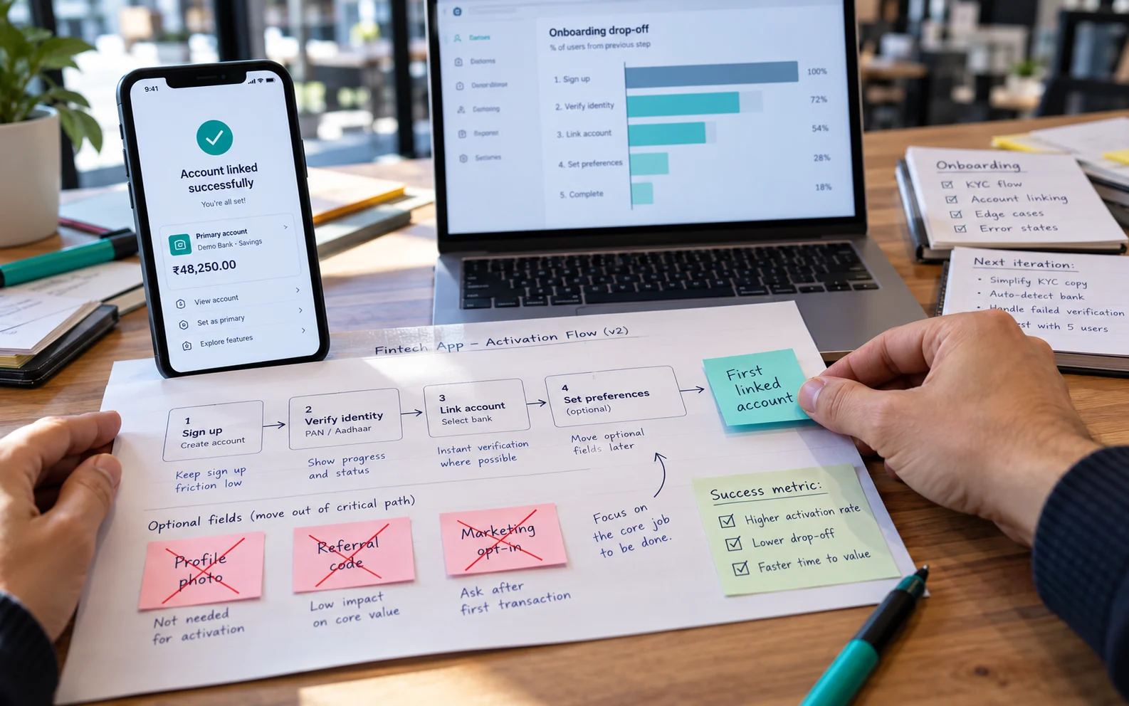Hands mapping a fintech Aha moment on a printed flow, crossing out non-essential signup fields so users reach their first linked account faster.