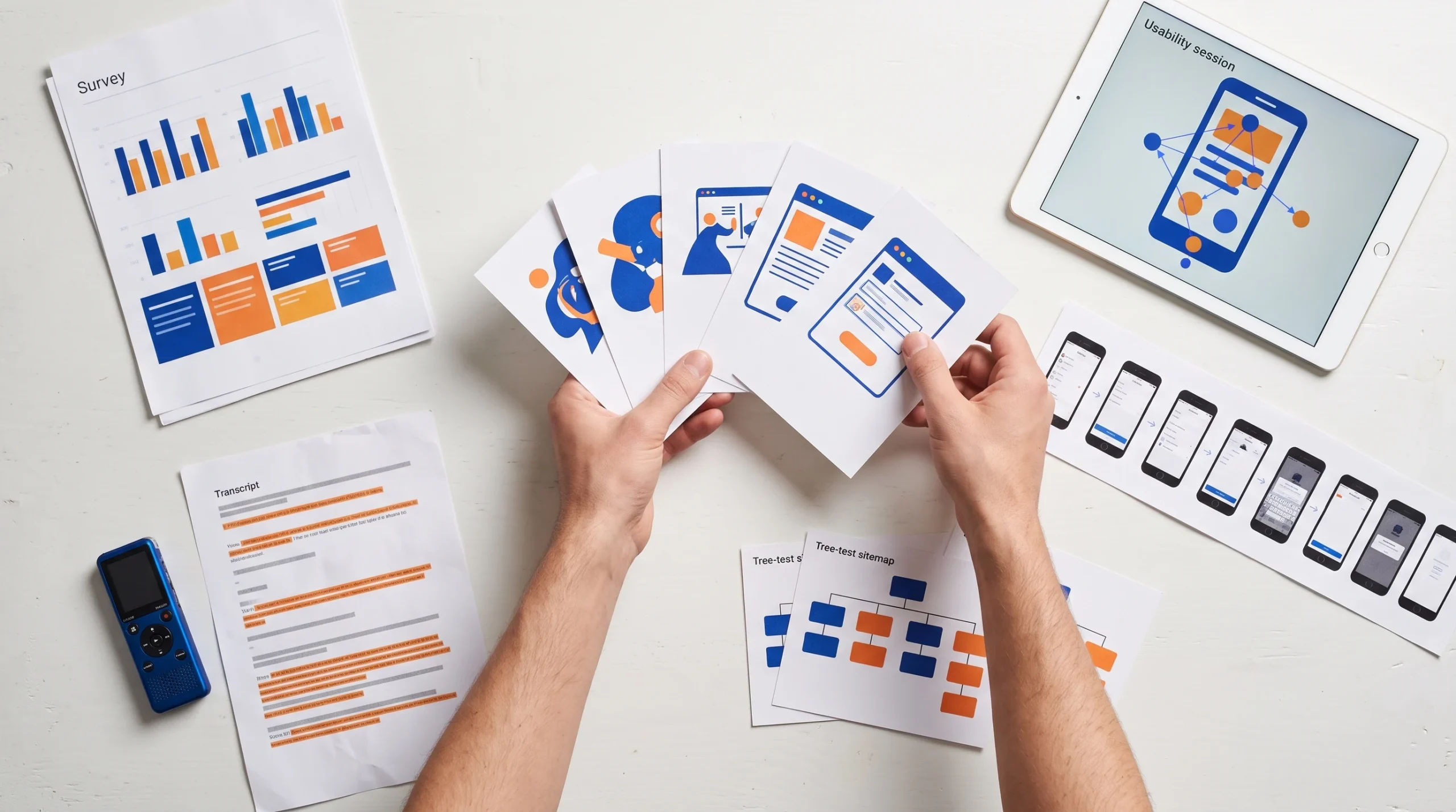 Hands arranging surveys, interviews, usability tests, diary studies and tree tests to show the 2026 UX research methods landscape