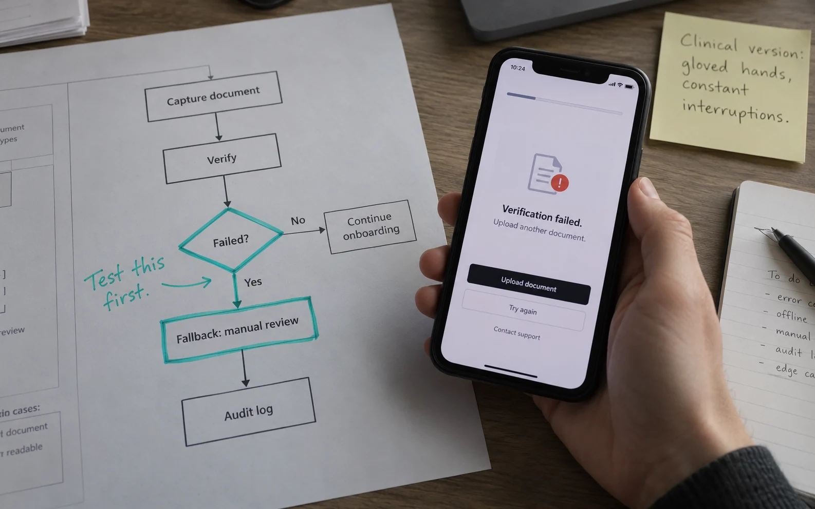 Onboarding flow map with the failed-verification branch highlighted beside a prototype of that edge case, showing a research-first prototyping process for BFSI and healthcare
