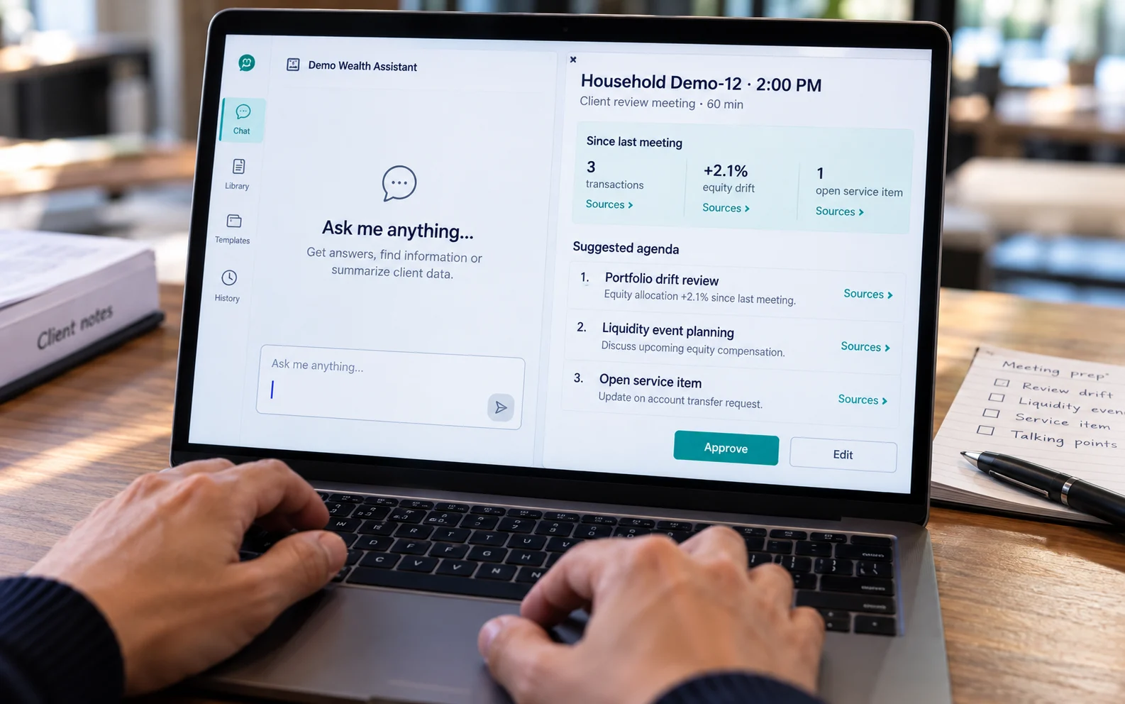 Empty chatbot prompt beside an agent-assembled pre-meeting brief with source links and approval buttons, showing how agentic AI prepares advisors without waiting for a prompt