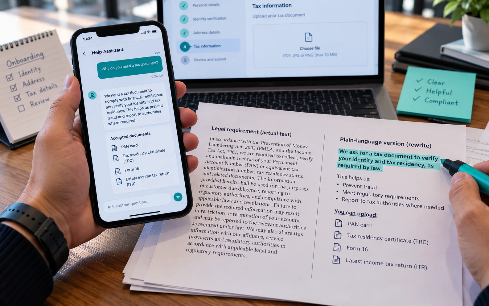 Phone showing an in-flow assistant explaining a tax document request, beside legal copy rewritten in plain language, showing how assisted onboarding builds trust.