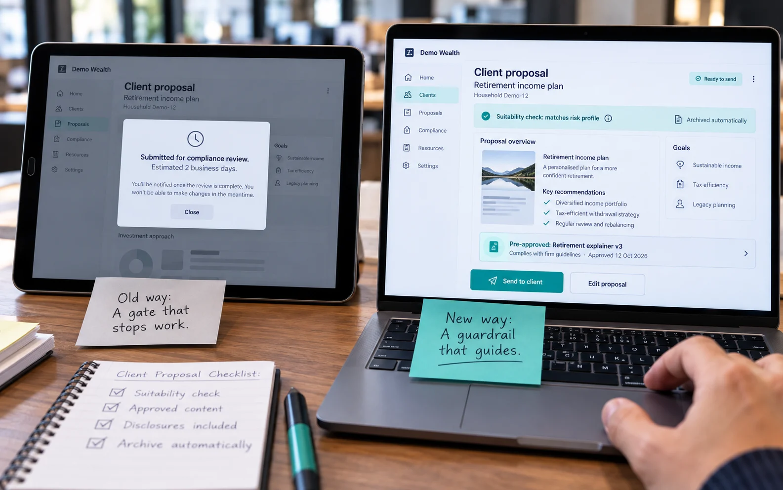 Compliance approval gate blocking a proposal next to inline suitability checks and automatic archiving, showing compliance-by-design guardrails replacing workflow gates
