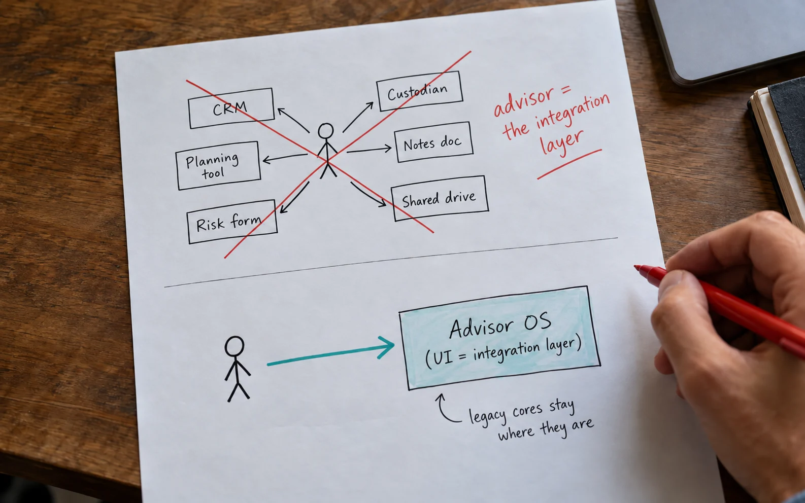 Sketch of an advisor connected to six separate systems versus one unified advisor operating system, showing how experience defragmentation ends the swivel-chair workflow