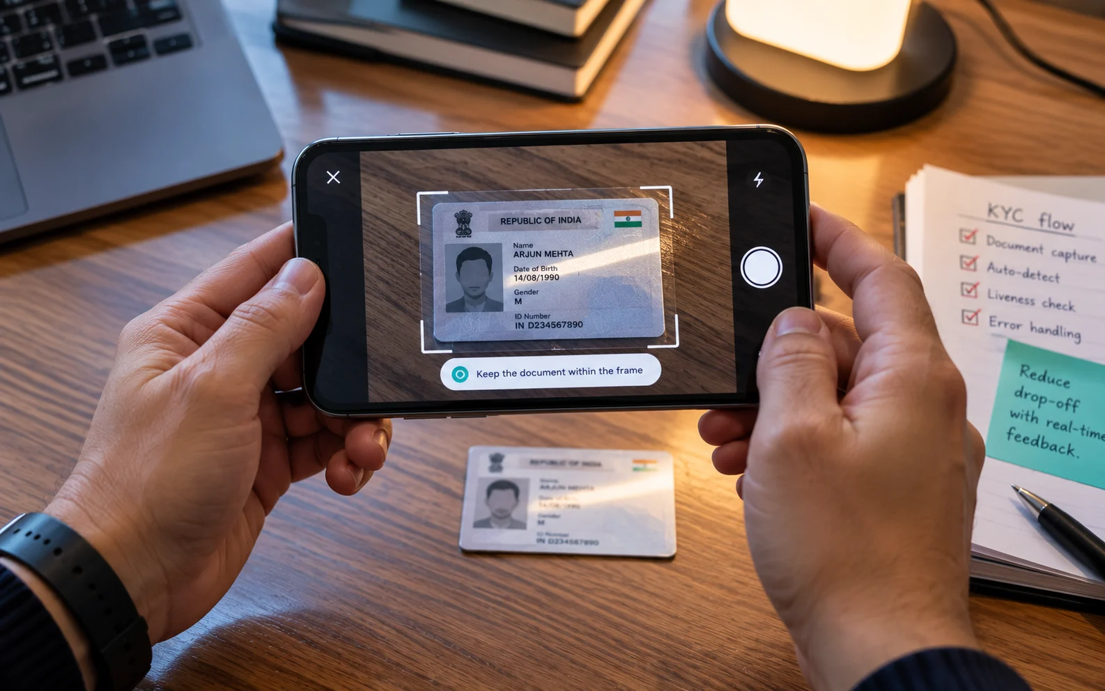 Hands capturing an ID card with live corner guides and a glare warning on the phone screen, showing how real-time camera feedback prevents KYC document capture drop-off.