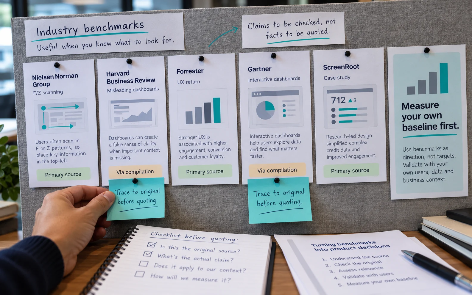 Source cards marked as primary or via compilation with a note to trace claims to the original, showing how to interpret industry UX benchmarks