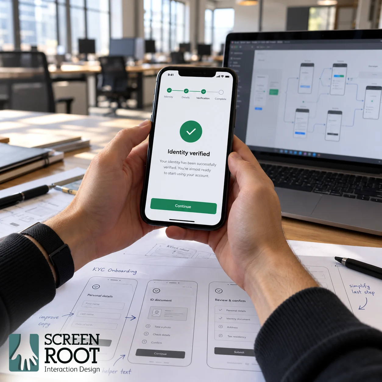 Hands holding a phone with a fintech onboarding progress screen beside printed KYC wireframes, illustrating six steps to improve fintech app onboarding and user activation.