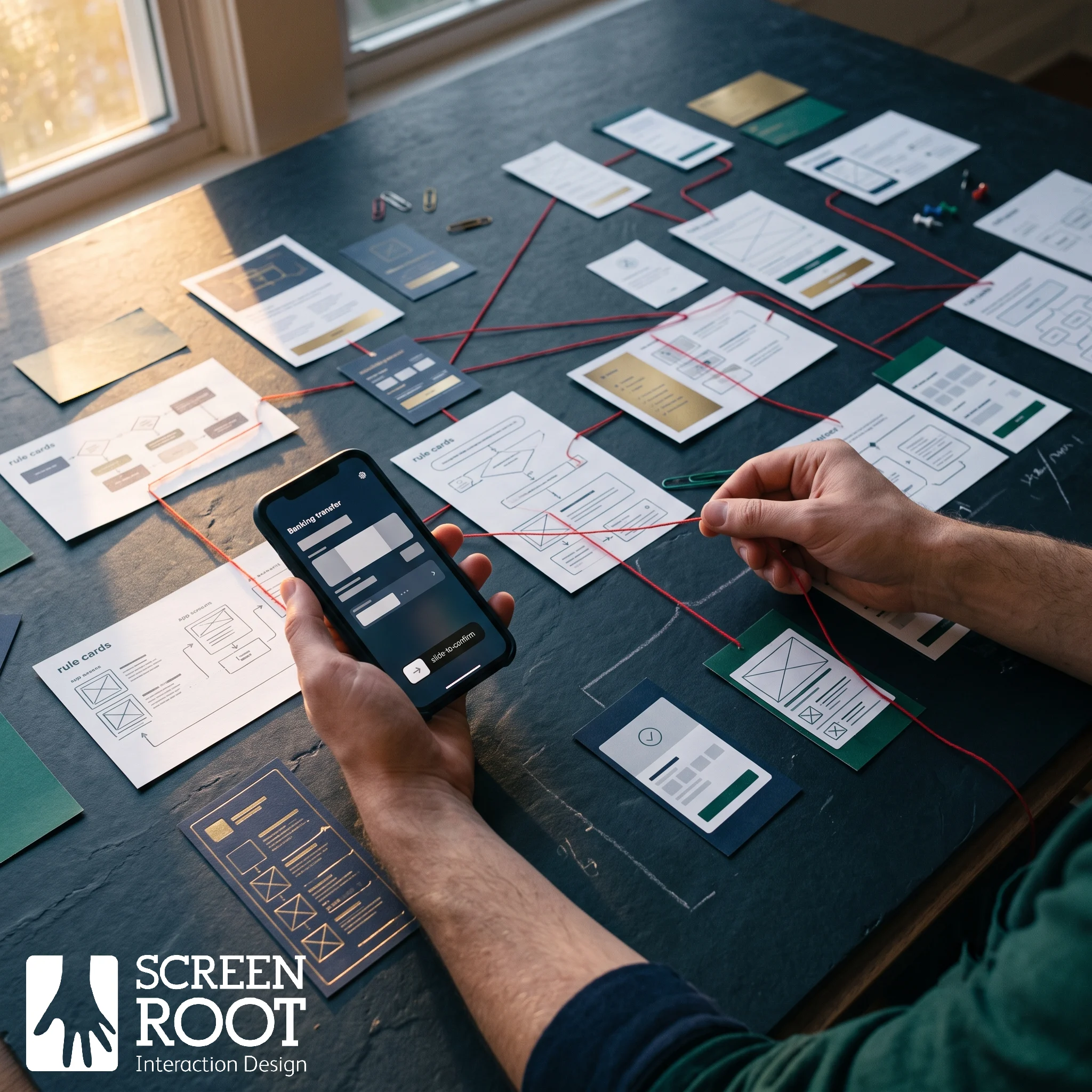 Designer’s hands linking back-end risk rules to banking app screens, showing how systemic UX solves financial services challenges