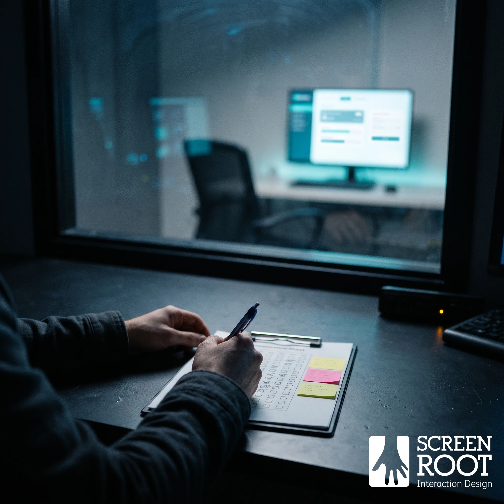 Researcher’s hands taking notes behind one-way glass during a usability test, showing UX research methods for enterprise products