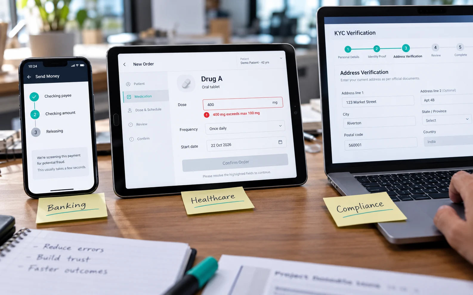 Staged payment progress, inline clinical dose validation and a KYC step indicator across three devices, showing micro-interactions in regulated industries