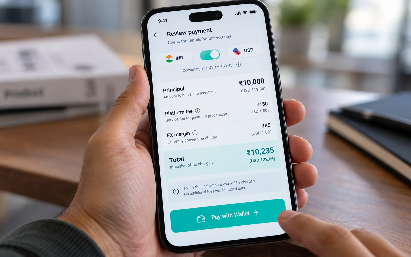 Payment review screen listing principal, platform fee and FX margin before authorization, illustrating compliant fee disclosure that reduces chargebacks