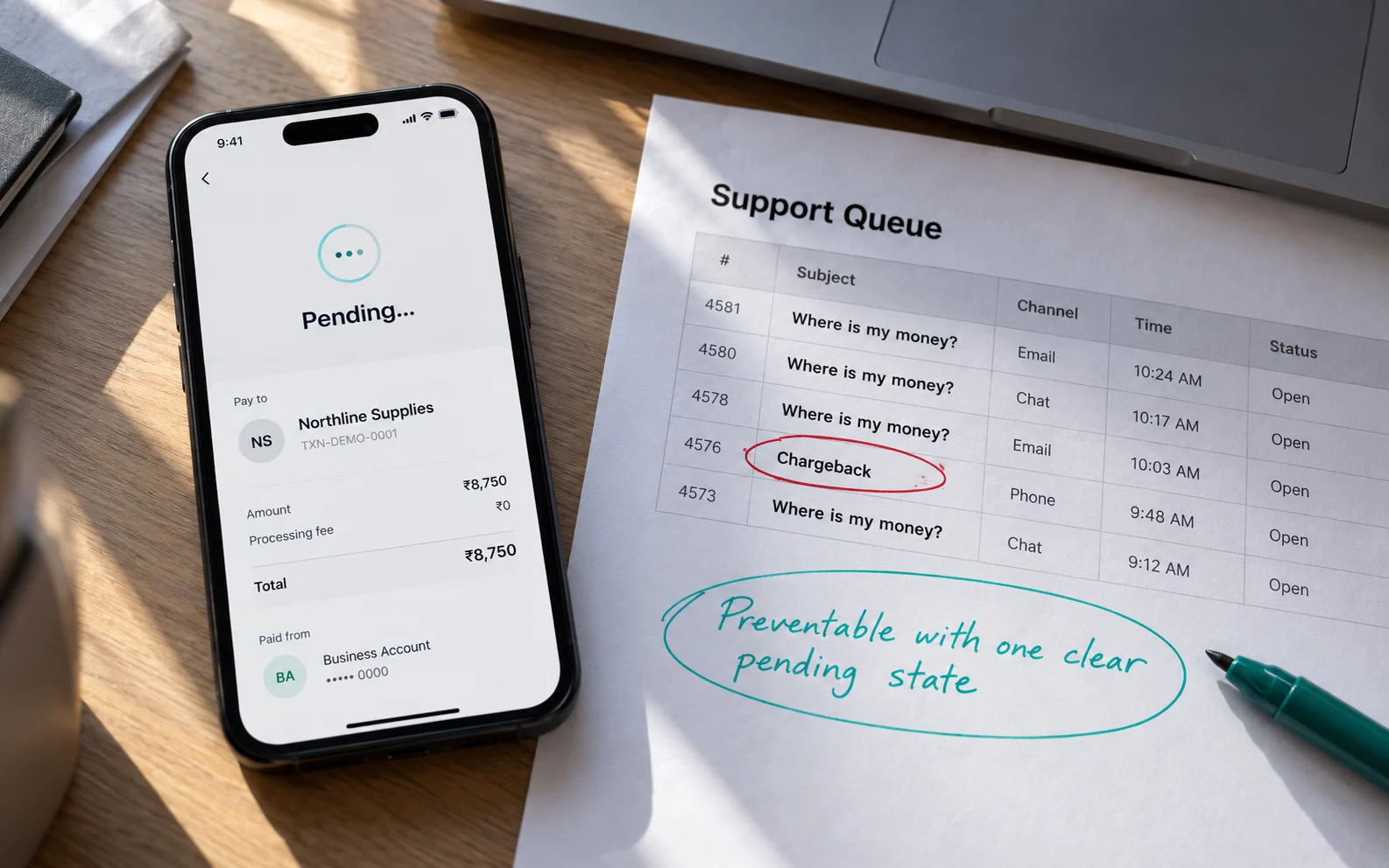 Payment stuck on a bare pending screen beside a support queue of where-is-my-money tickets, showing the strategic cost of unclear transactional UX