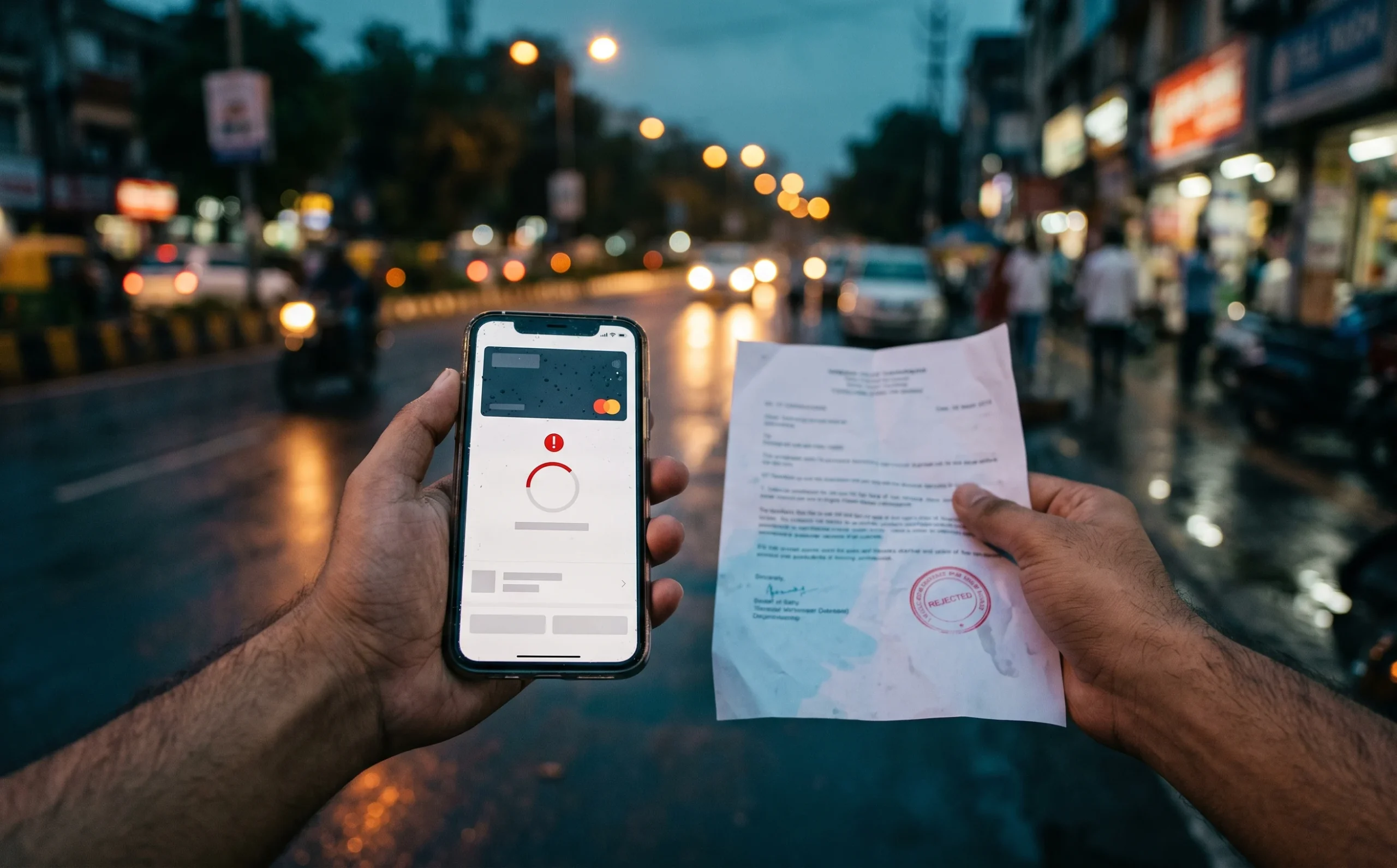 Hands holding a phone with a stalled payment and a rejected document, showing the top financial services UX challenges