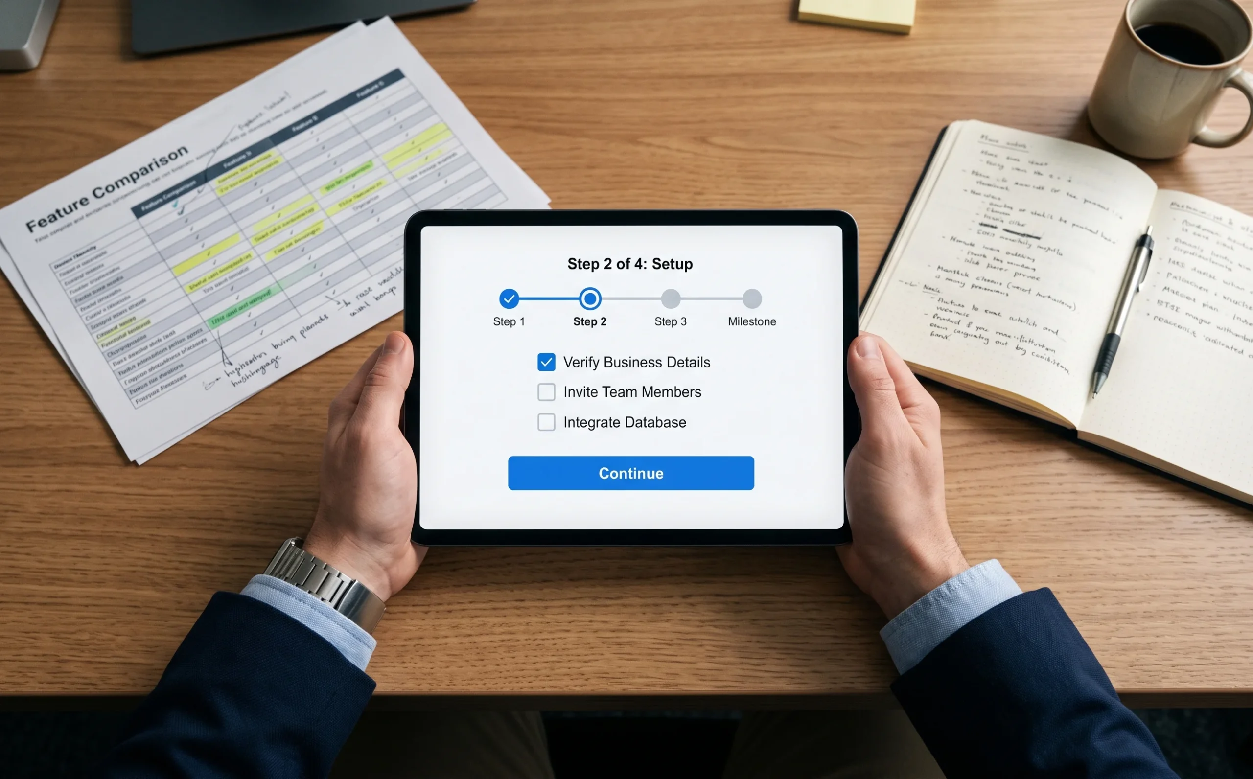 Business buyer’s hands using a tablet with a simple step-by-step workflow, showing frictionless usability in B2B software