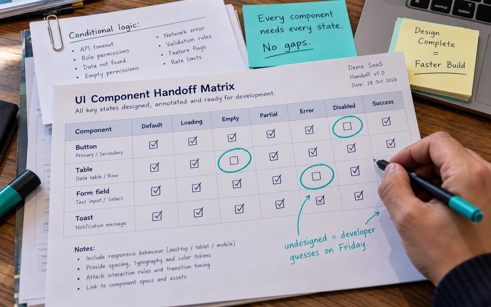 Handoff matrix of components against loading, empty, partial, error, disabled and success states with missing states circled, showing what a clean prototyping handoff to engineering requires