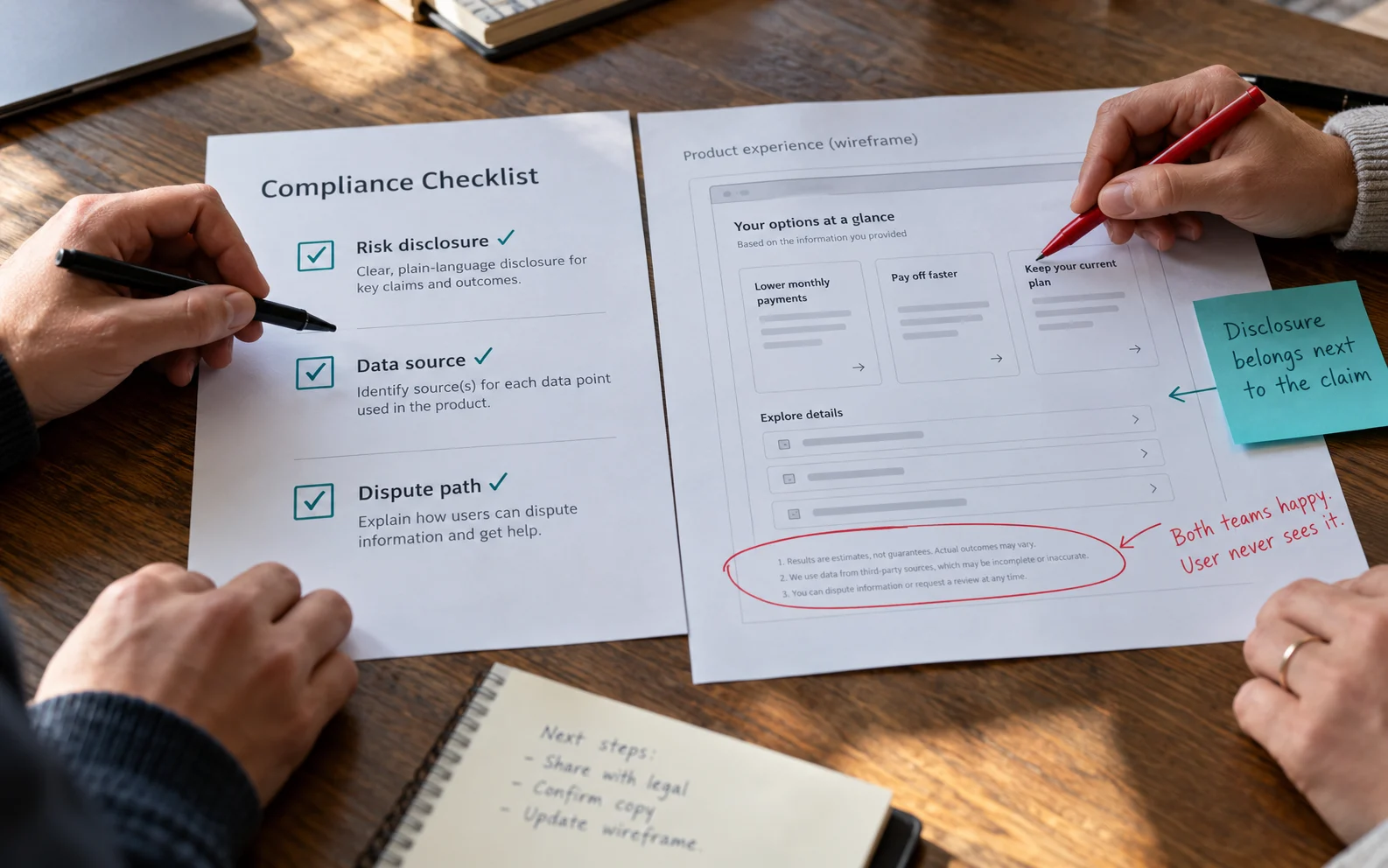 Compliance checklist beside a wireframe with disclosures buried in a footer, showing why regulated fintech dashboards fail when clarity and compliance compete