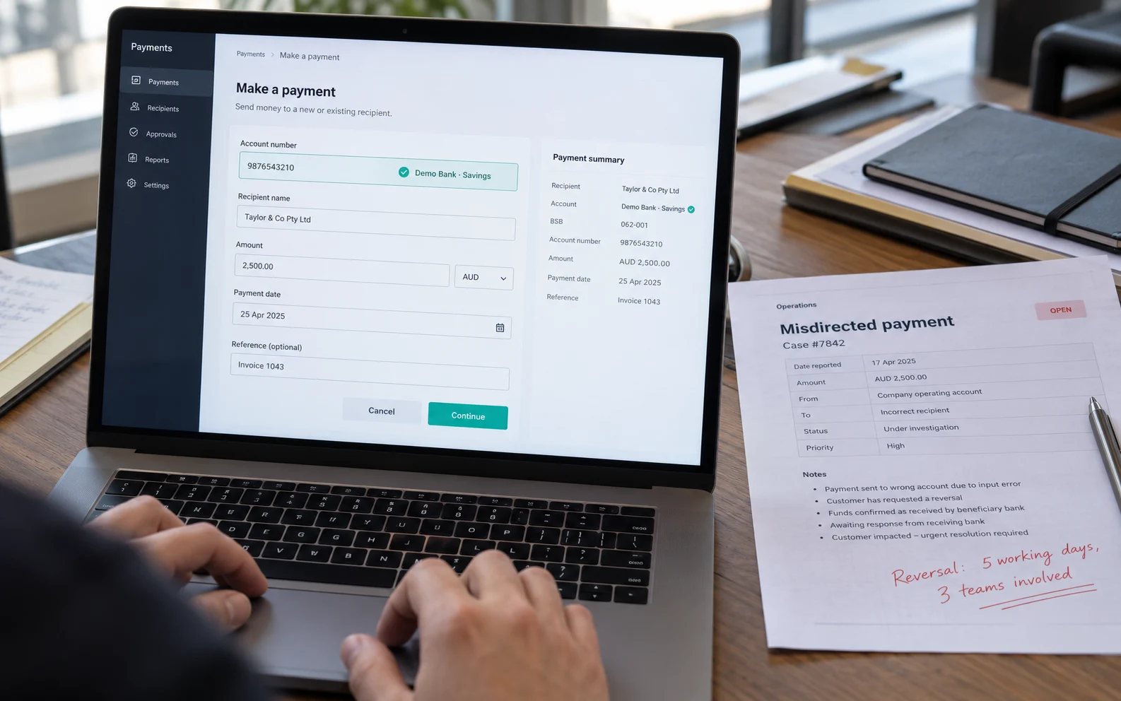 Account-number field confirming a valid account before submission, next to a misdirected-payment remediation sheet, showing the strategic role of interaction design
