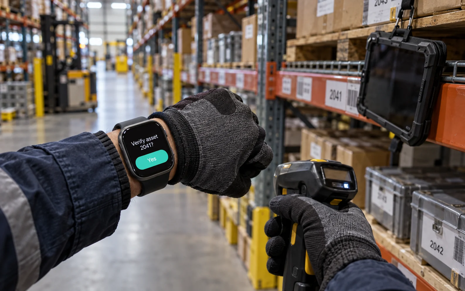 Field technician verifying an asset from a one-prompt smartwatch while a tablet hangs unused, showing the shift to wrist-first enterprise workflows