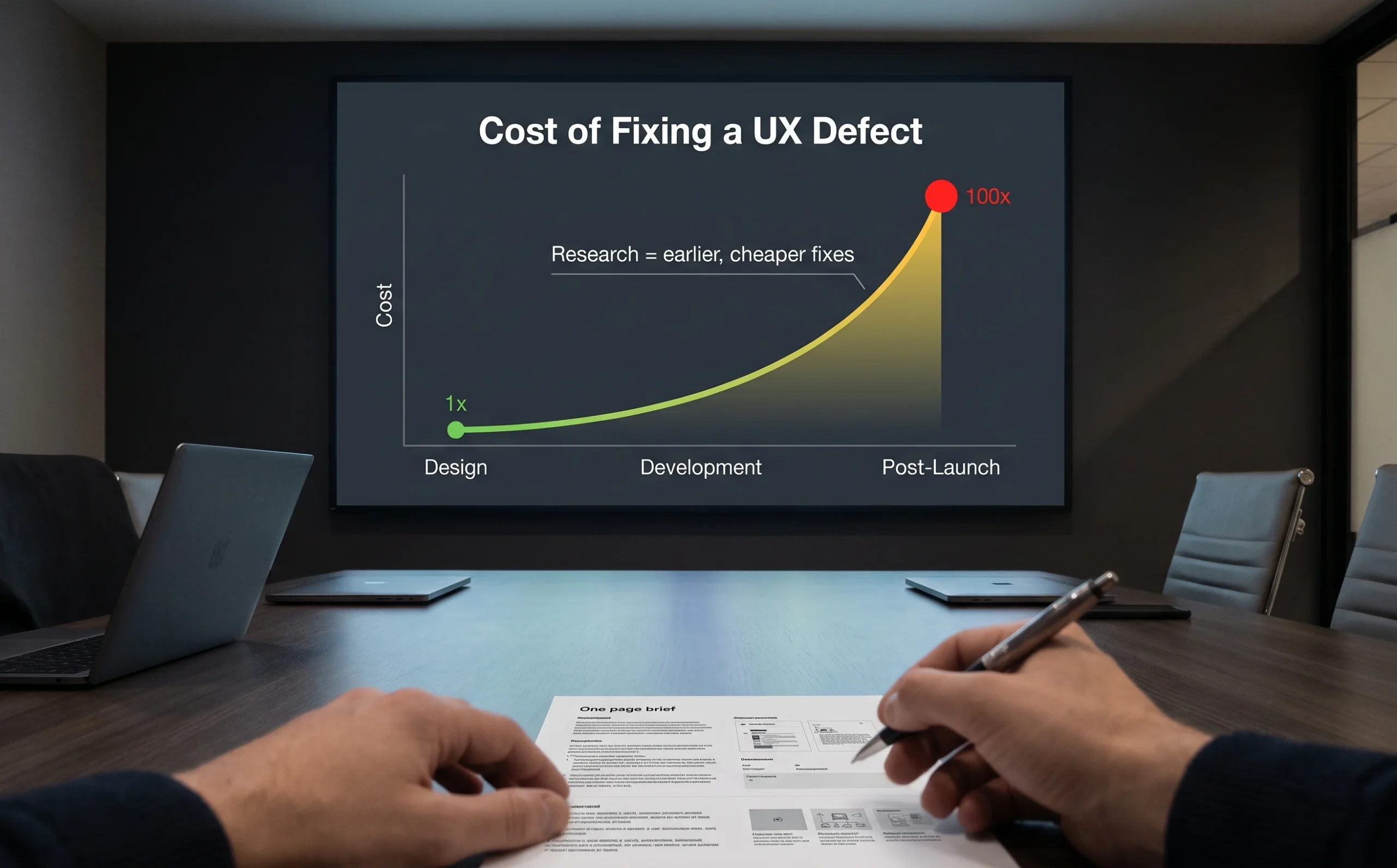 Line graph showing UX defect fix cost rising from 1x in design to 100x after launch, illustrating why UX research is a financial control for enterprise leaders