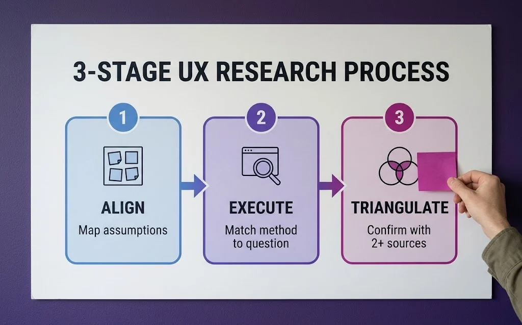 Three-stage UX research process diagram showing Align, Execute and Triangulate, from mapping assumptions to confirming insights with multiple sources