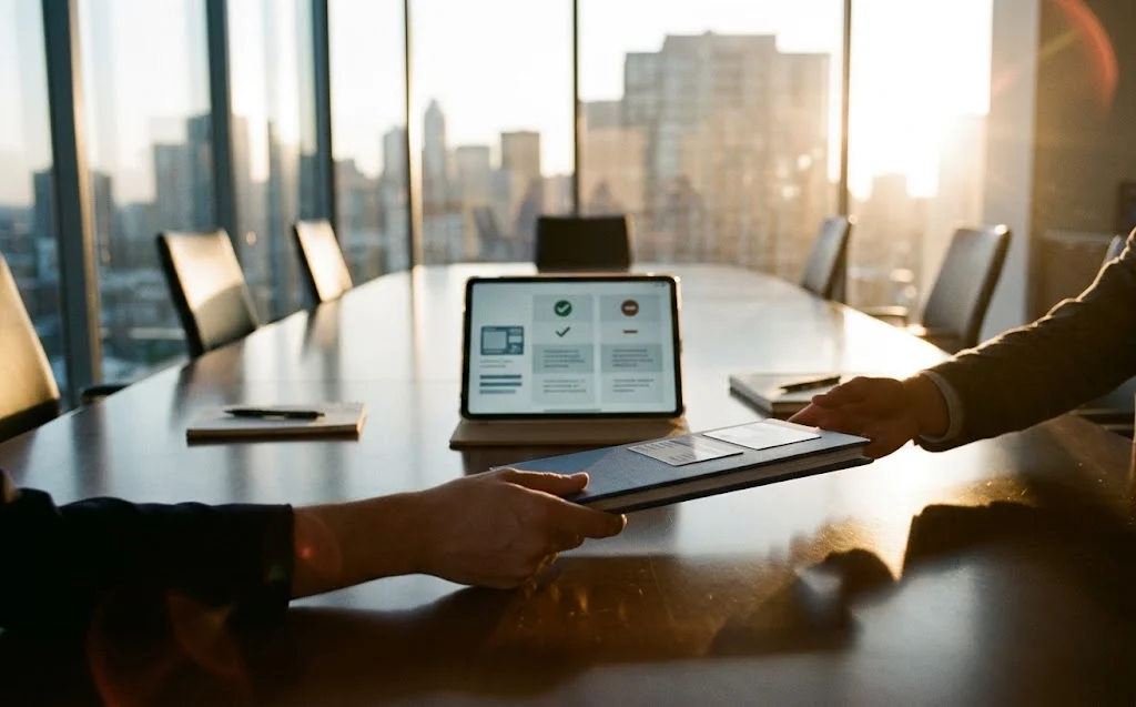 Hands passing a research binder across a boardroom table to show the handoff between a specialist UX agency and an in-house team