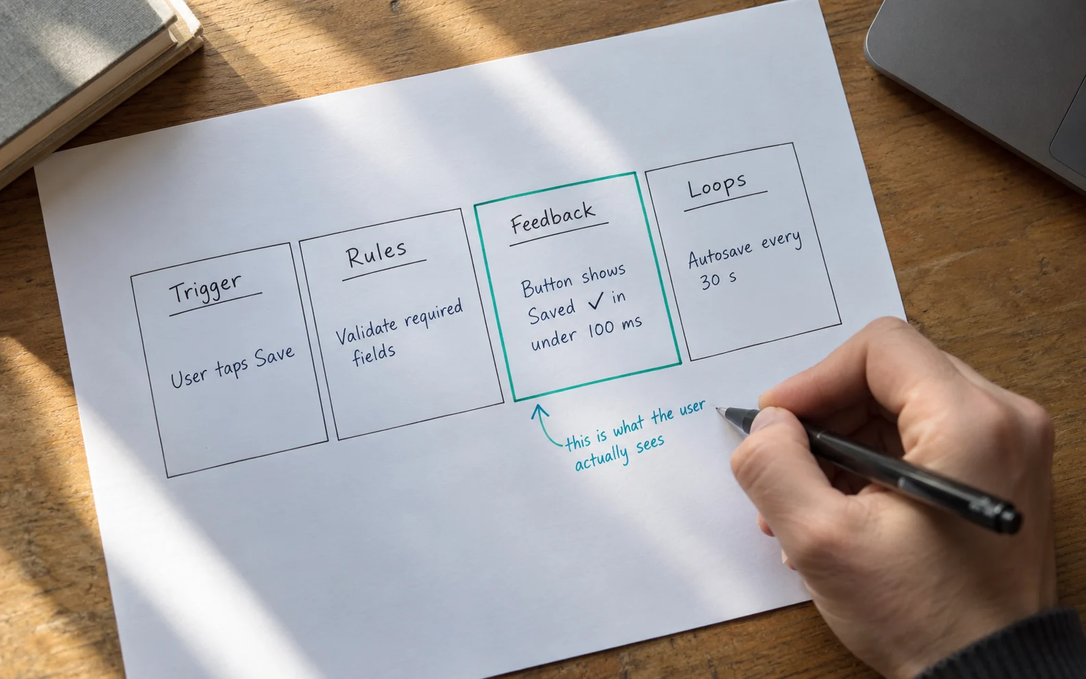 Four-part micro-interaction model of trigger, rules, feedback and loops sketched around a Save button, showing how small feedback details are structured