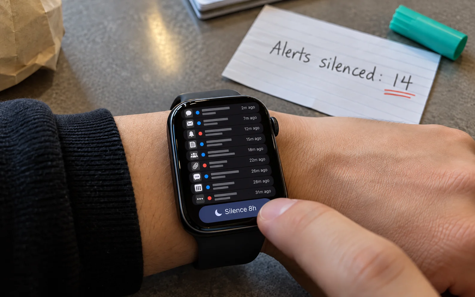 Smartwatch crowded with notifications and a user silencing alerts for eight hours, showing how cognitive friction drives wearable abandonment