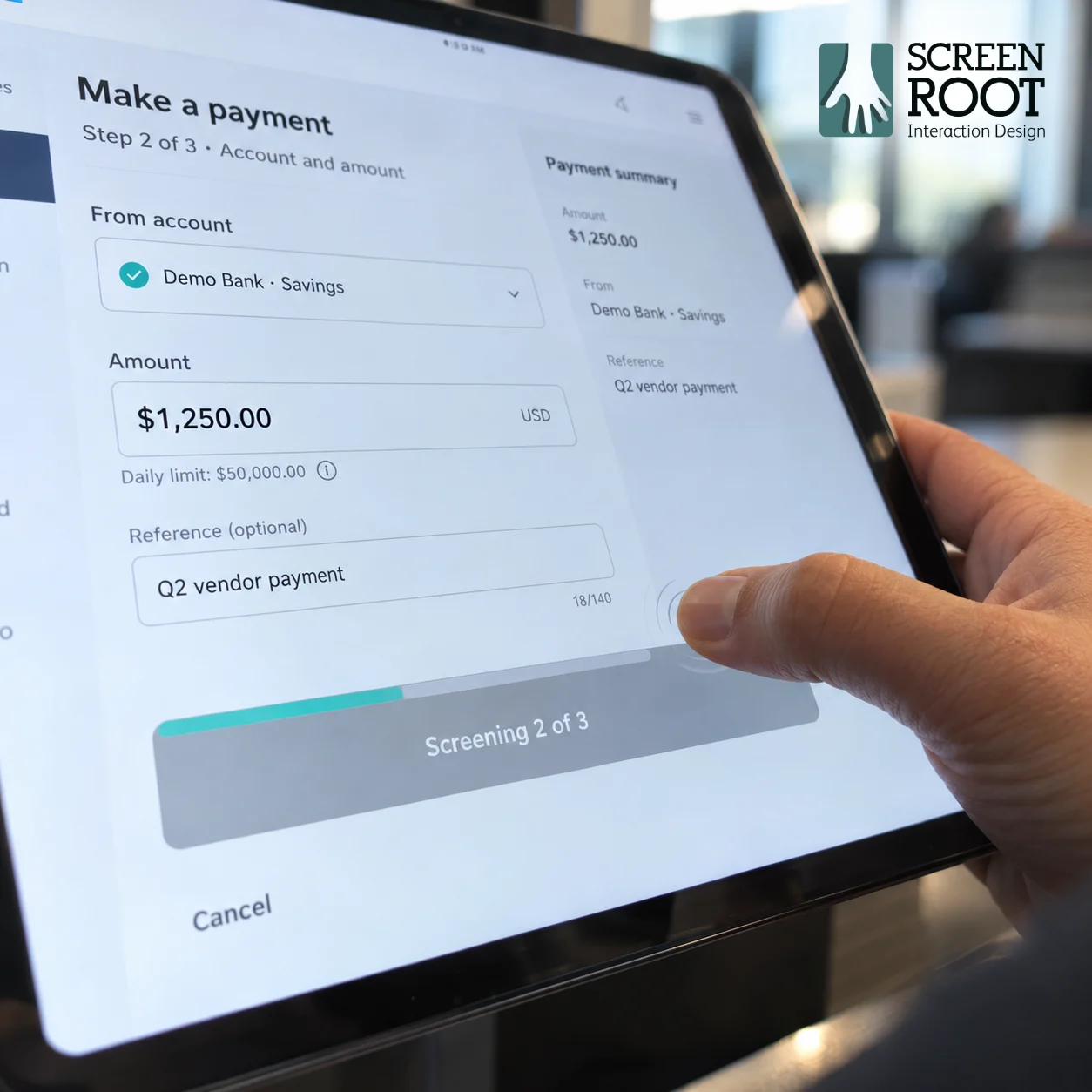 Payment button locked into a staged screening state after one tap, illustrating how micro-interactions confirm system actions in enterprise UX