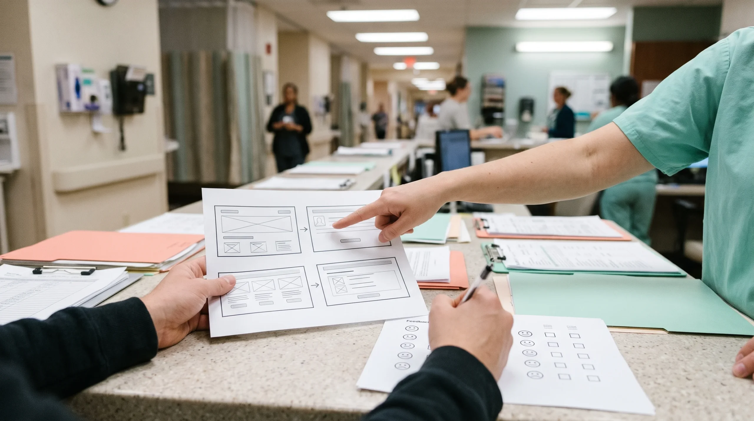 Researcher showing a patient timeline storyboard to a clinician to show concept testing before engineering builds the product