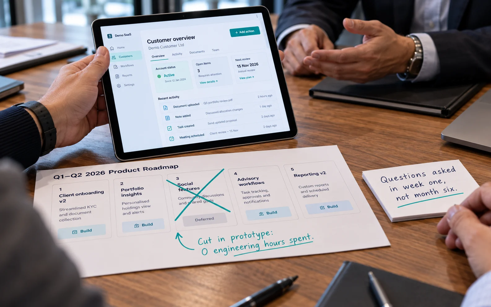 Executives reviewing a clickable prototype beside a roadmap with one feature cut before engineering, showing why rapid prototyping is a boardroom competitive advantage